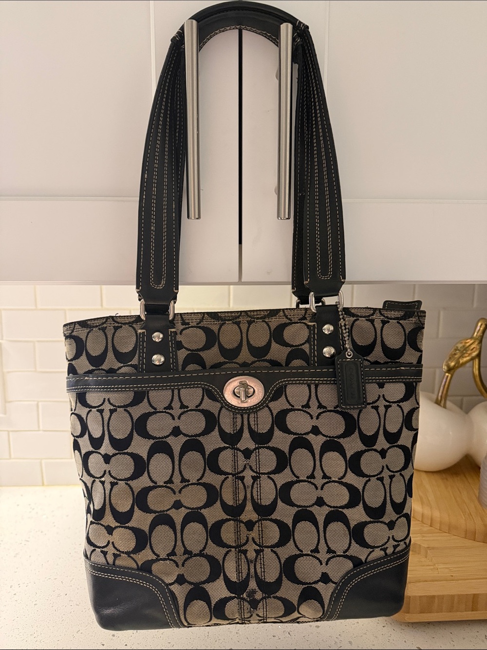 Coach Black and Tan Signature Canvas Tote